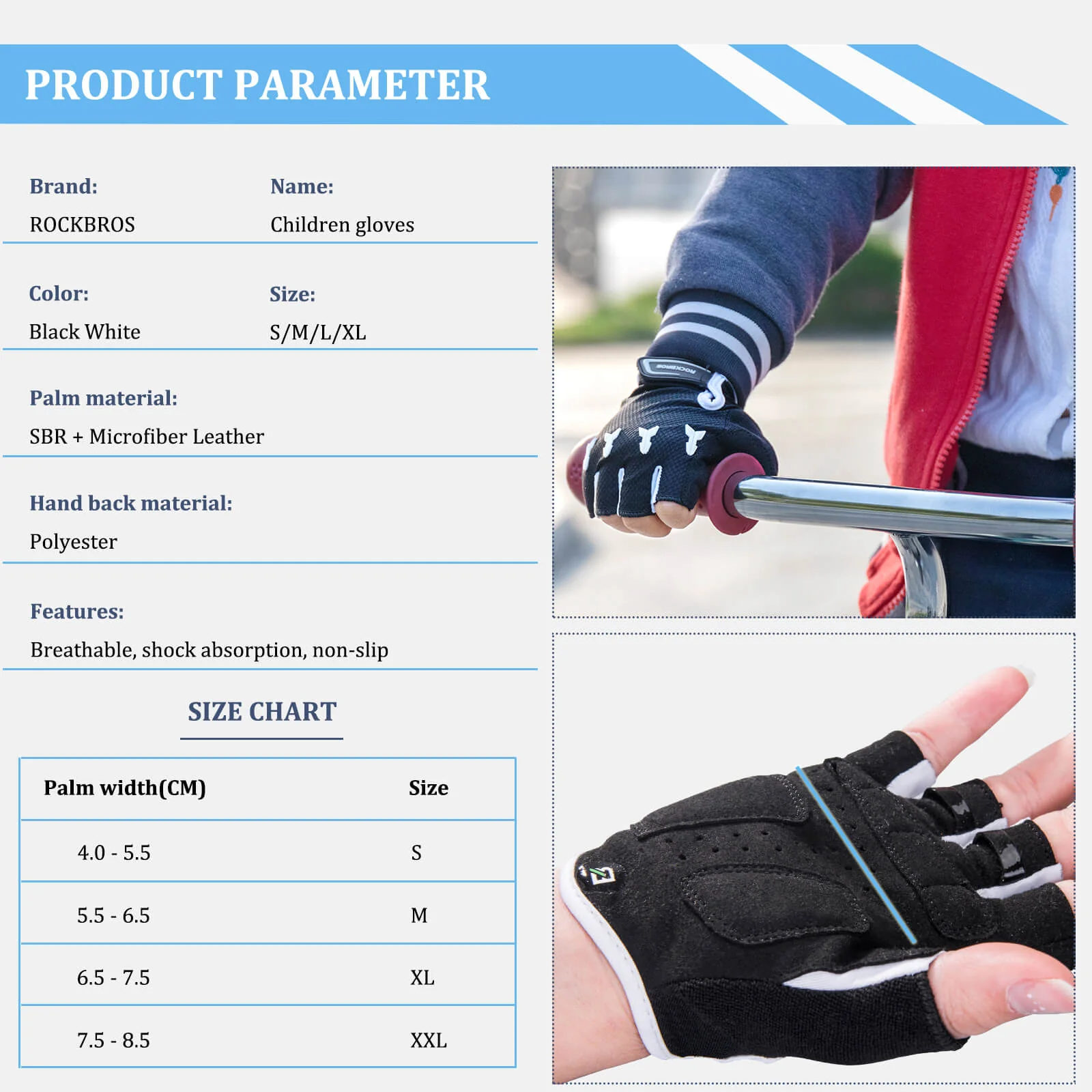 Kids Half-Finger Cycling Gloves Breathable Black - Image 6