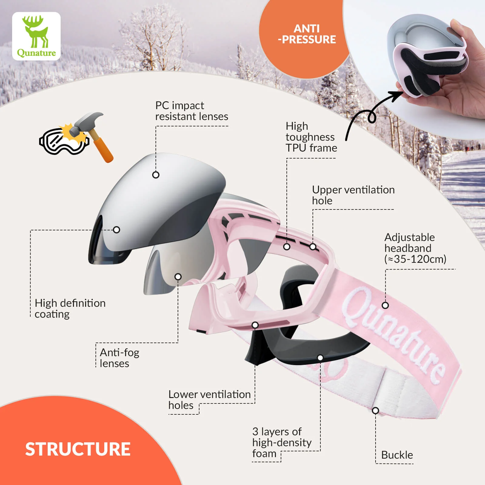 QUNATURE Youth Ski Goggles Anti Fog UV Protection - Image 10