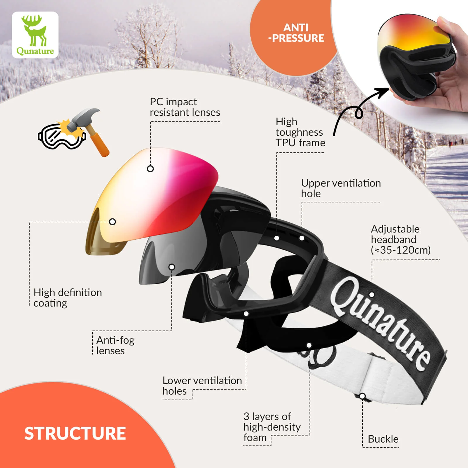 QUNATURE Youth Ski Goggles Anti Fog UV Protection - Image 4
