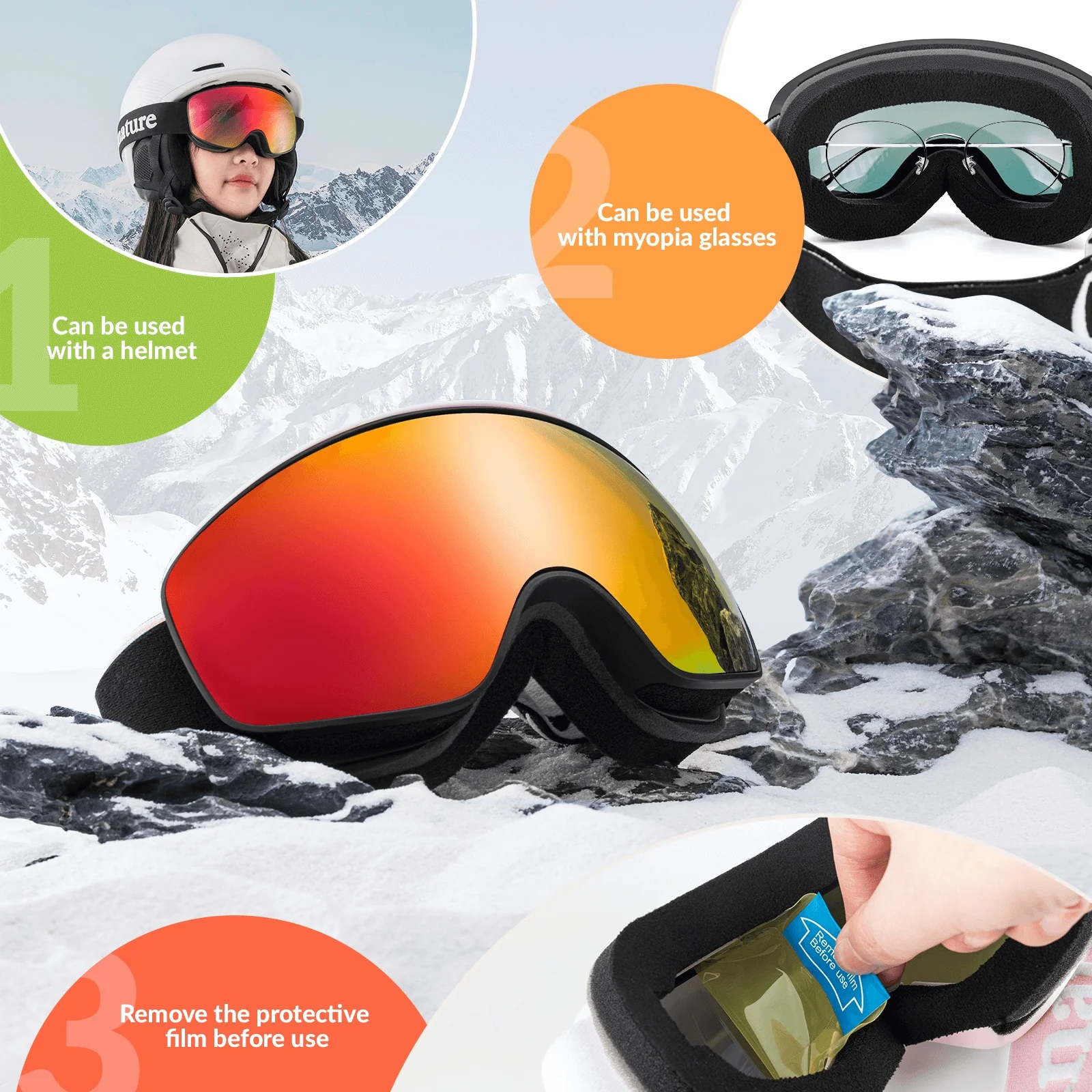 QUNATURE Youth Ski Goggles Anti Fog UV Protection - Image 5