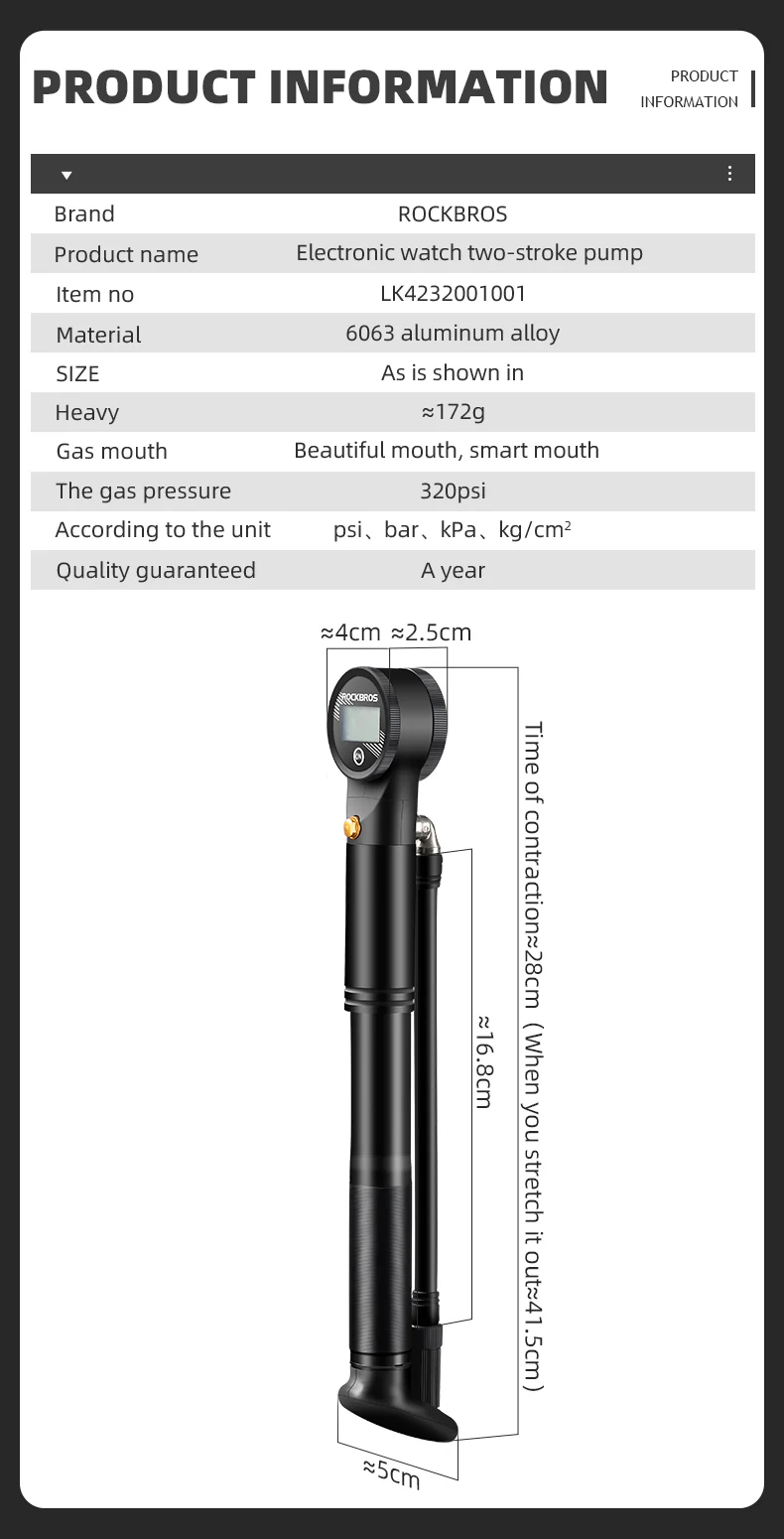 ROCKBROS Bicycle Bike Air Pump With Digital Gauge 320PSI High Pressure Presta/Schrader Valve - Image 8