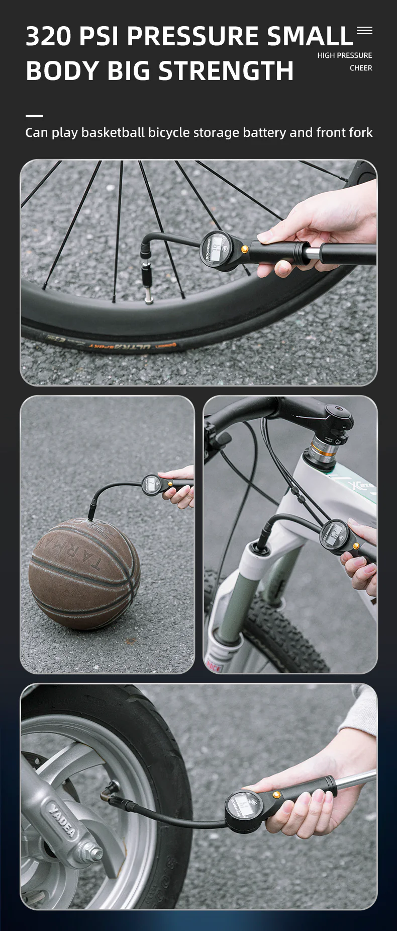 ROCKBROS Bicycle Bike Air Pump With Digital Gauge 320PSI High Pressure Presta/Schrader Valve - Image 9
