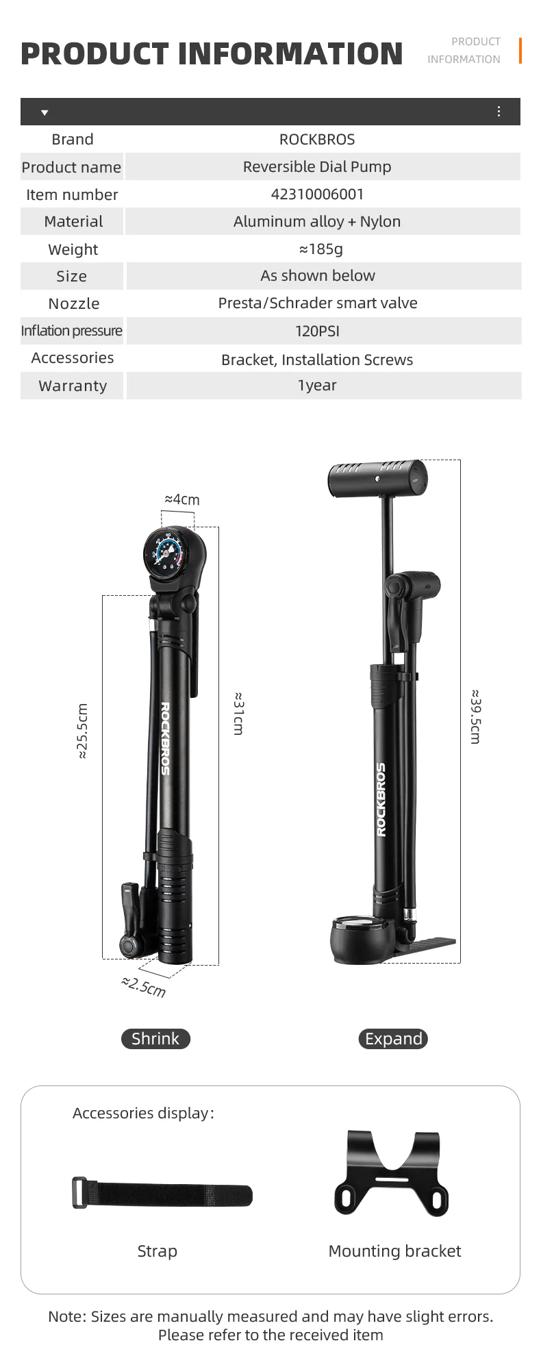 ROCKBROS Bicycle Bike Foot Pump With Gauge 120PSI Presta/Schrader Valve - Image 13