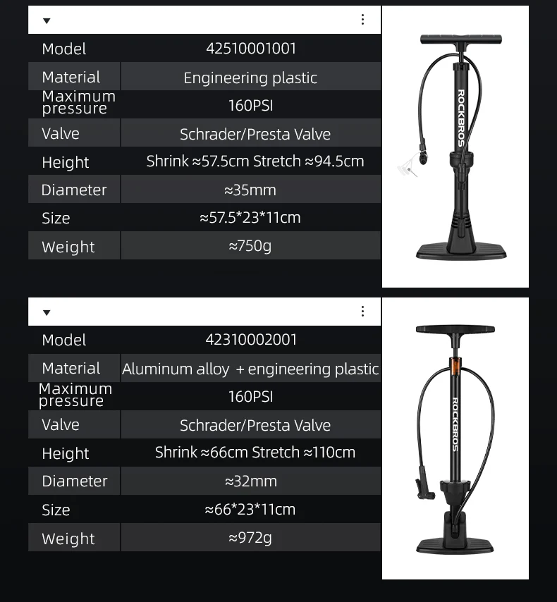 ROCKBROS Bicycle Floor Pump with Gauge 160 PSI High Pressure Tyre Inflator Schrader/Presta Valve For Bike Motorcycle Basketball - Image 11