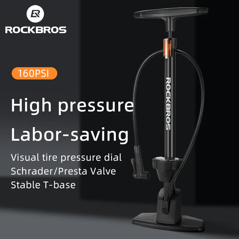 ROCKBROS Bicycle Floor Pump with Gauge 160 PSI High Pressure Tyre Inflator Schrader/Presta Valve For Bike Motorcycle Basketball - Image 5