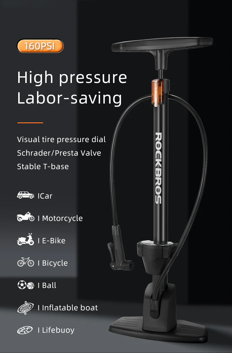 ROCKBROS Bicycle Floor Pump with Gauge 160 PSI High Pressure Tyre Inflator Schrader/Presta Valve For Bike Motorcycle Basketball - Image 9