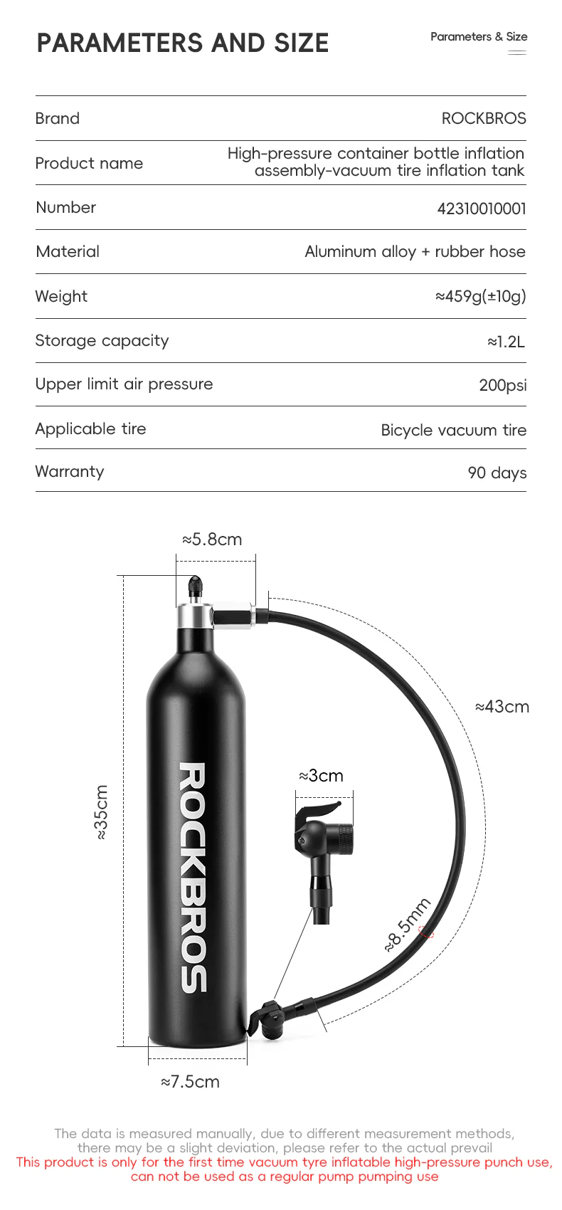 ROCKBROS Bicycle Vacuum Tire Inflation Tank Container 1.2L Recyclable 200PSI Bike Pump Presta Schrader Valve - Image 4