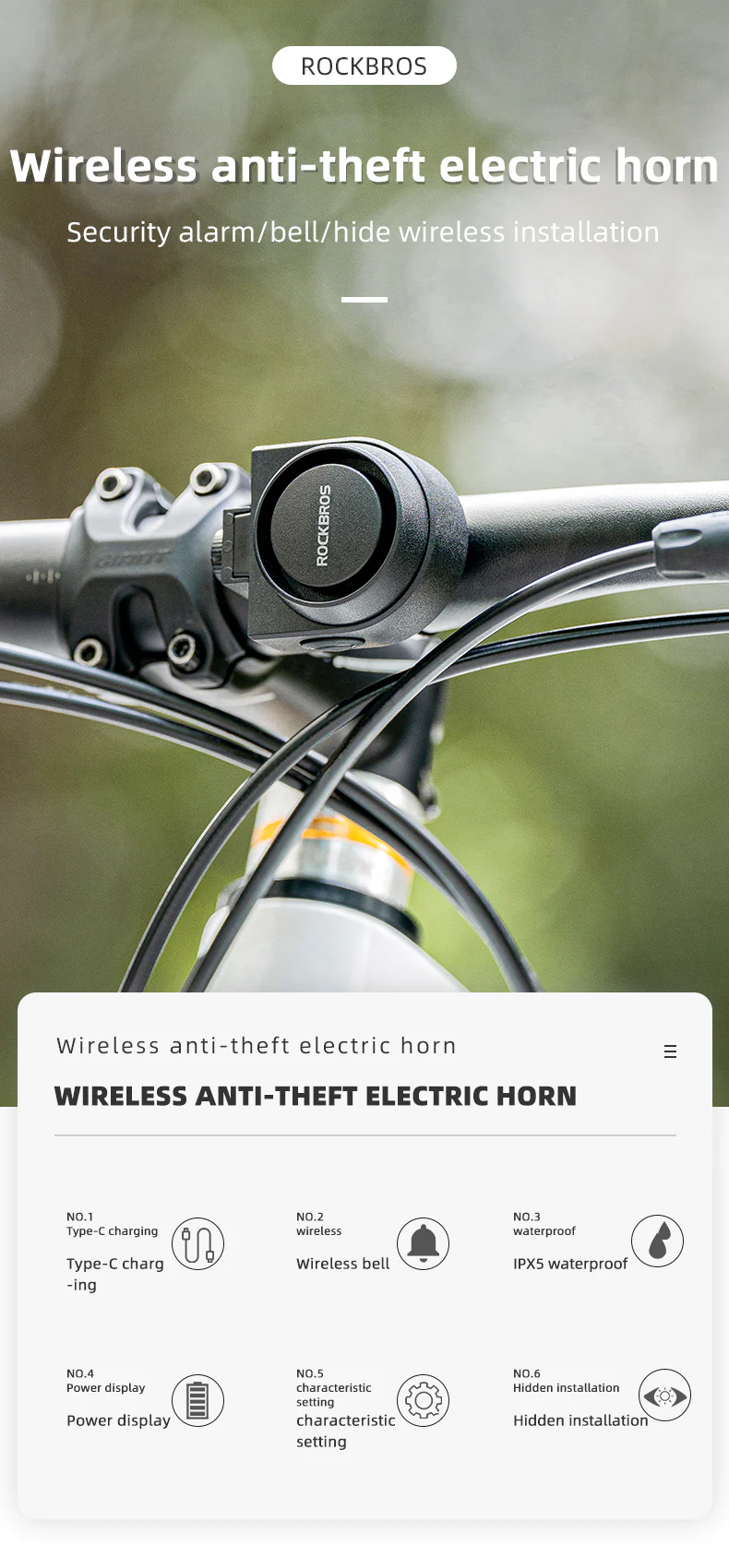ROCKBROS Bike Horn Alarm with Remote 115dB Wireless Anti-Theft Vibration Bicycle Bell - Image 9