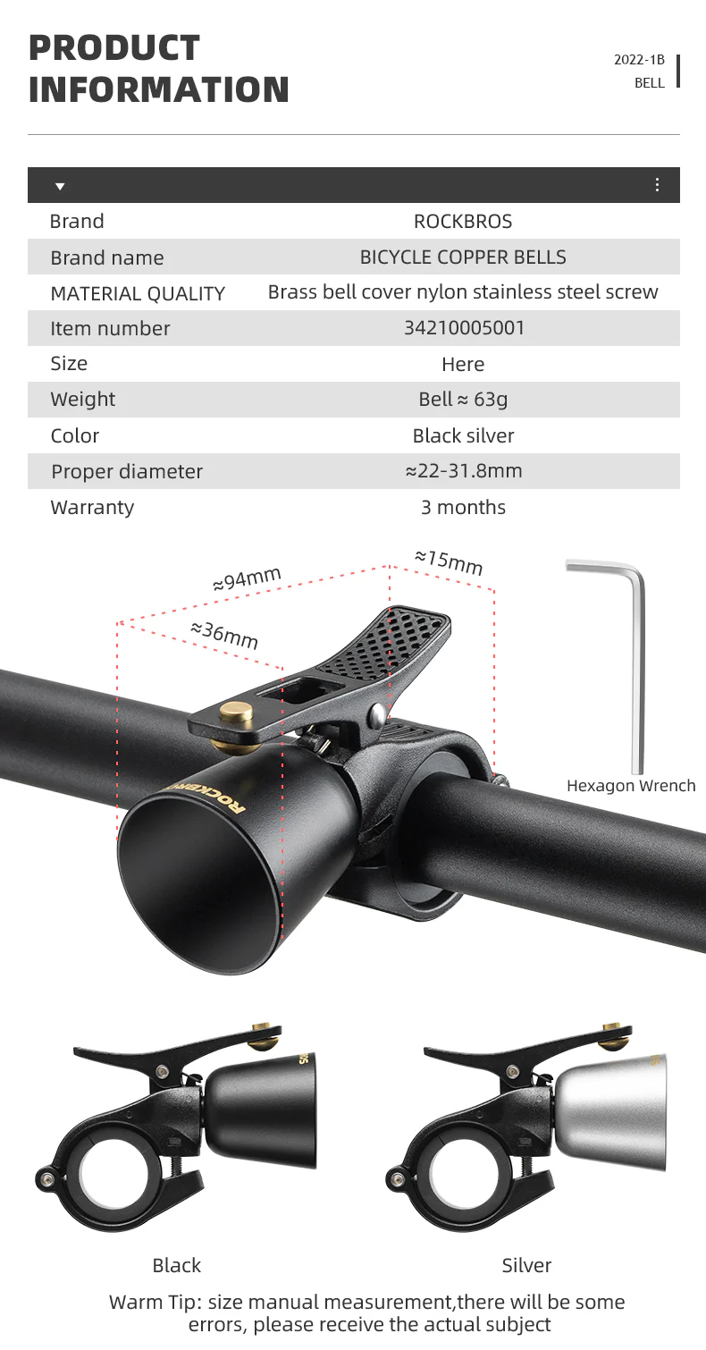 ROCKBROS Bike Bell Classic Bicycle Bell Mountain Bike Bells for Adults with Loud Sound and Fit for 0.87-1.25in/22.2-31.8mm Bicycle Handlebars - Image 6