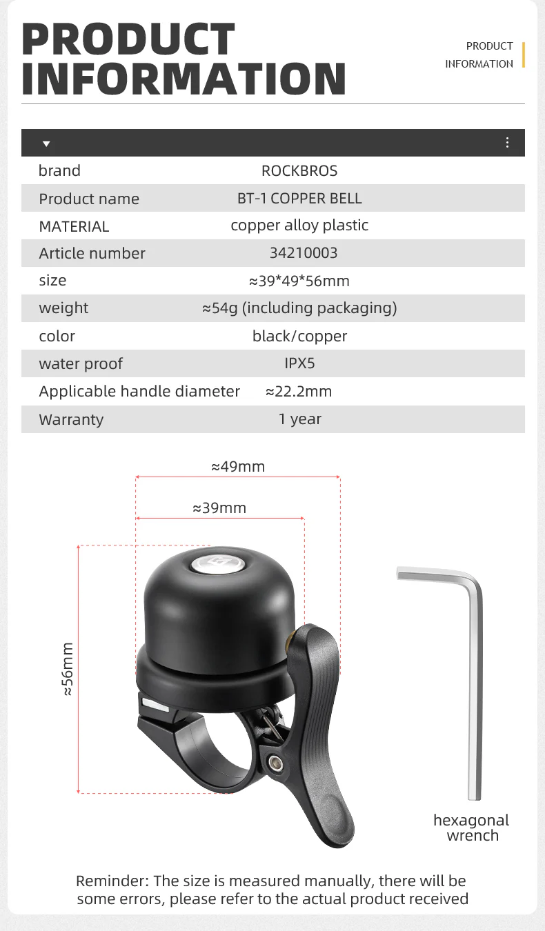 ROCKBROS Bike Bell Ring Horn Classic Bicycle Bell Anti-Theft for Adults Suitable for 0.87‘’/22.2mm Diameter Handlebar - Image 14