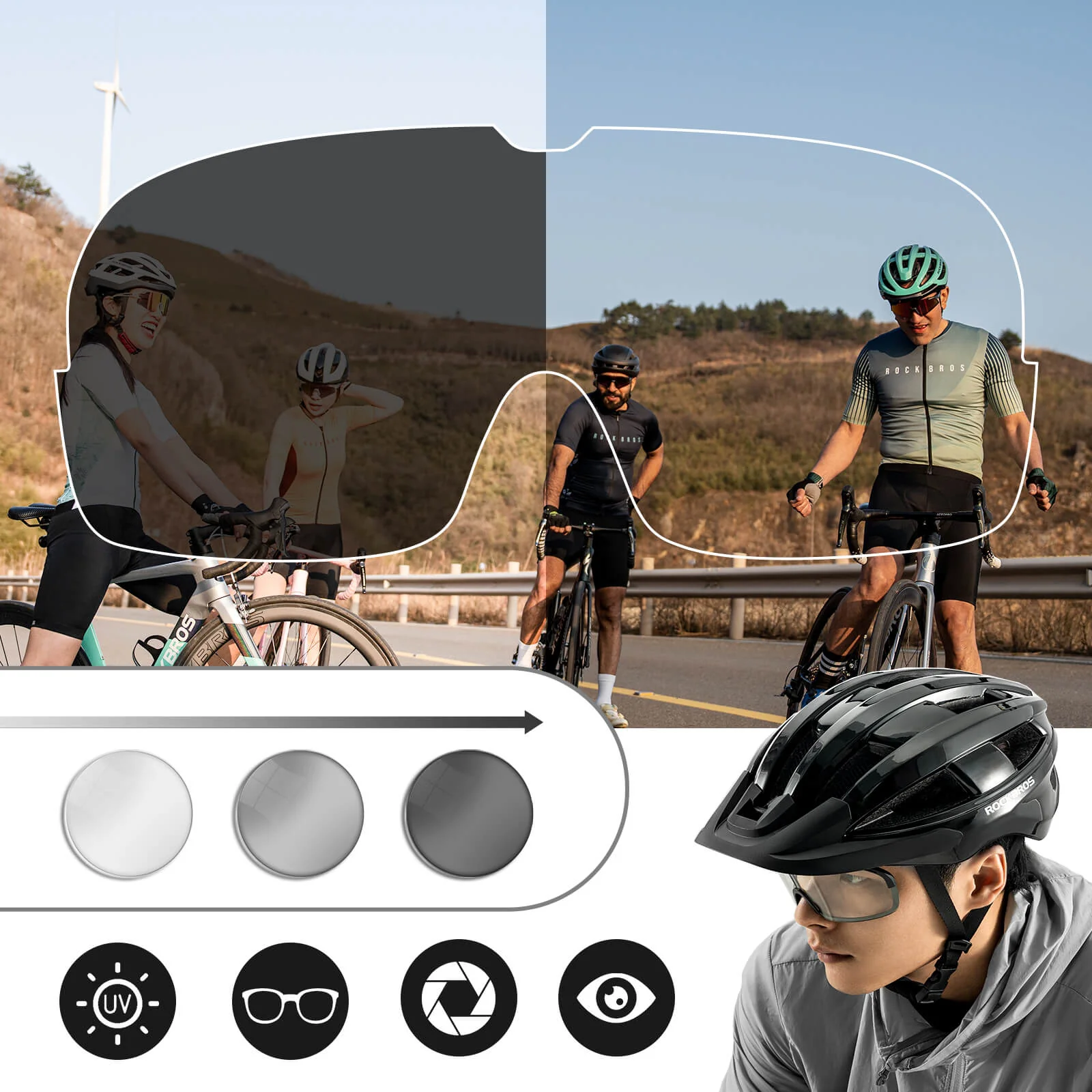 ROCKBROS Bike Helmet with Photochromic Goggles and Rechargeable Tail Light - Image 3