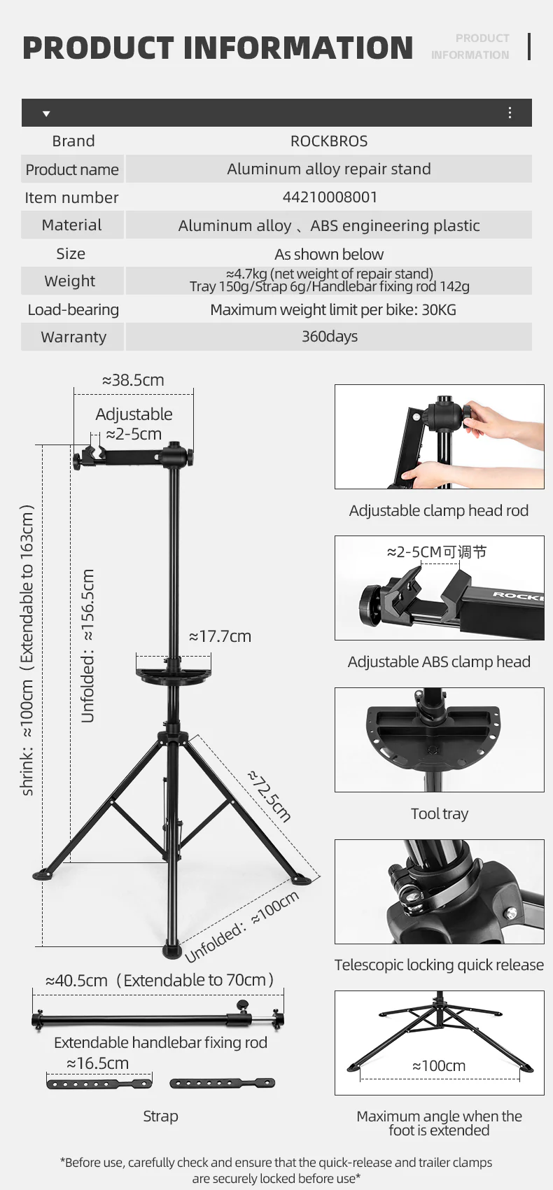 ROCKBROS Foldable Bike Repair Stand With Tool Tray Bicycle Mechanic Work Stand - Image 13