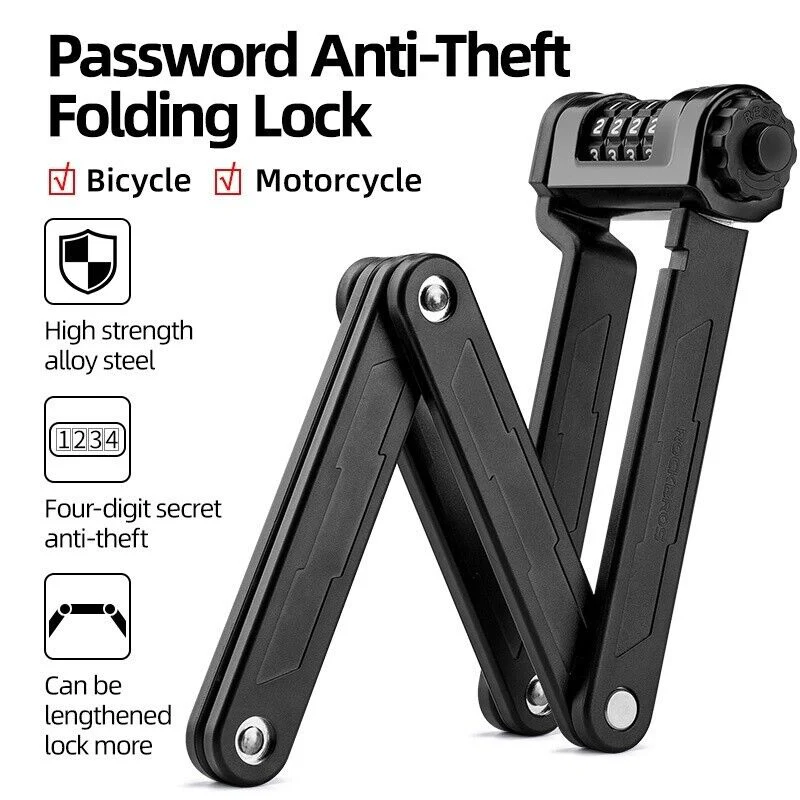 ROCKBROS Folding Bike Lock Combination Bike Lock with Mount Electric Bike Lock Heavy Duty Anti Theft Bicycle Locks with Mounting Bracket 4-Digit Foldable Bike Lock - Image 3