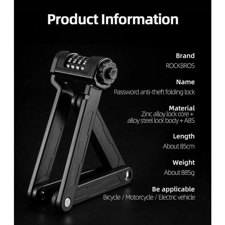 ROCKBROS Folding Bike Lock Combination Bike Lock with Mount Electric Bike Lock Heavy Duty Anti Theft Bicycle Locks with Mounting Bracket 4-Digit Foldable Bike Lock - Image 4