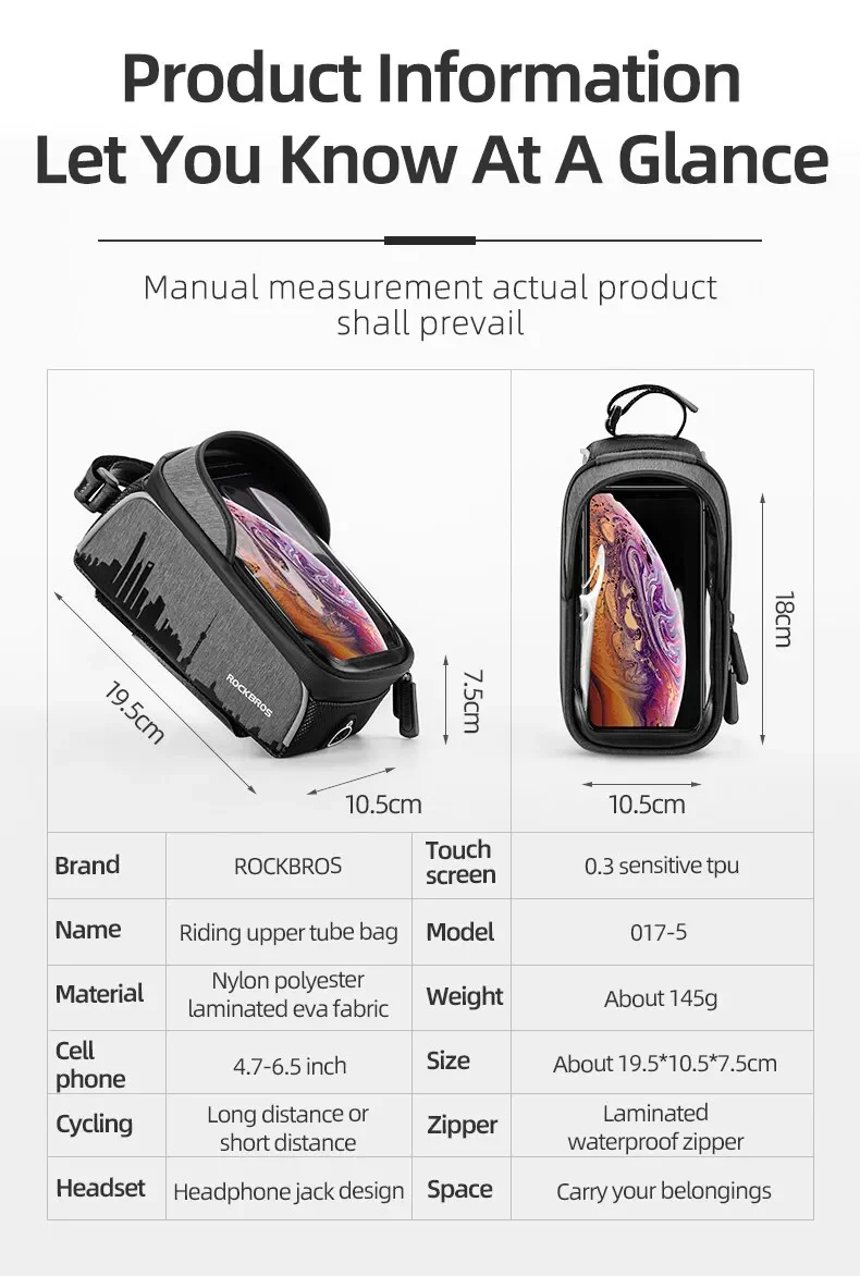 ROCKBROS Mobile Phone Bag Bike Bicycle Cycling Frame Bag Waterproof Touch Screen Fit 6.5in - Image 8
