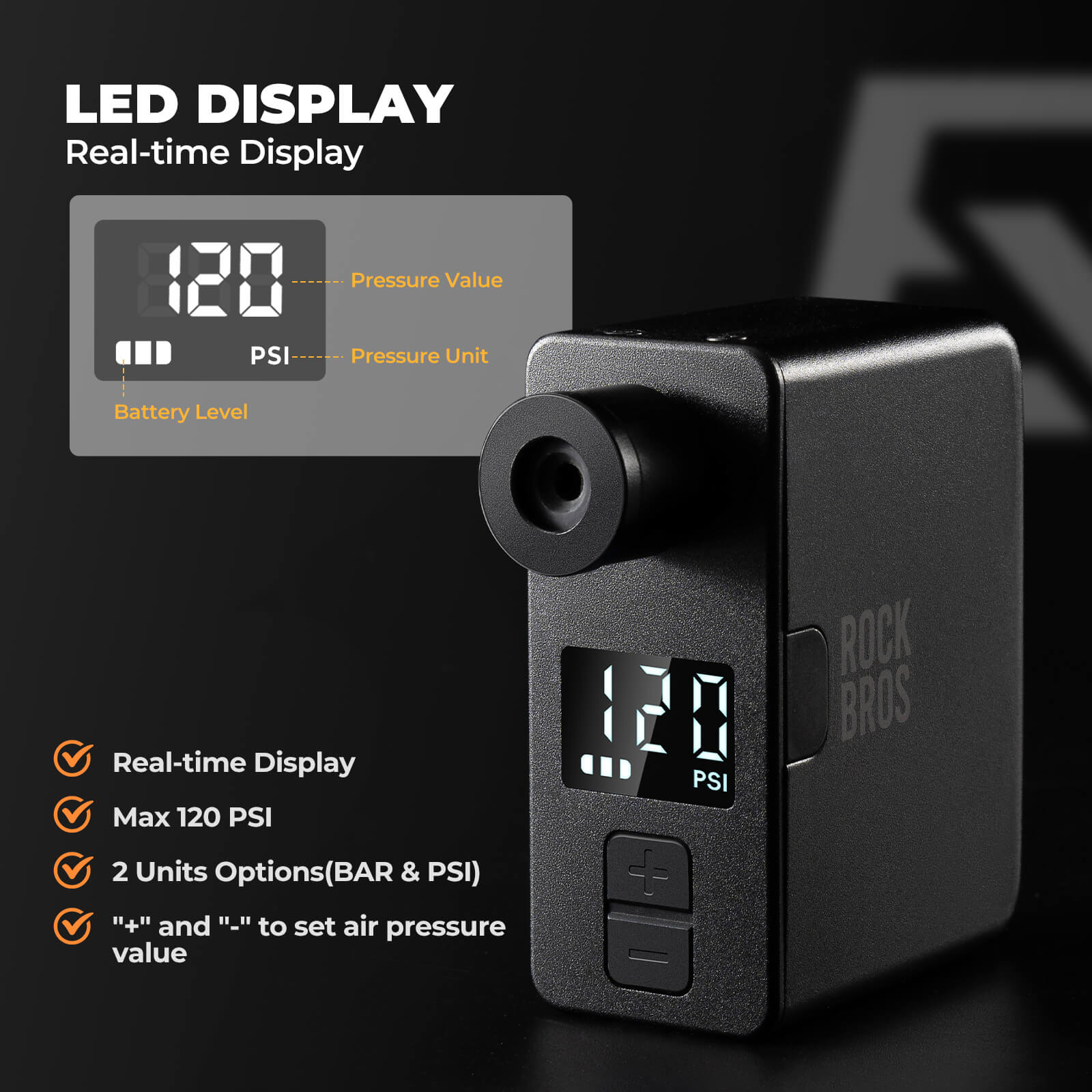 ROCKBROS AS1 PRO Portable Mini Electric Bike Pump - 120PSI with LED Screen - Image 7