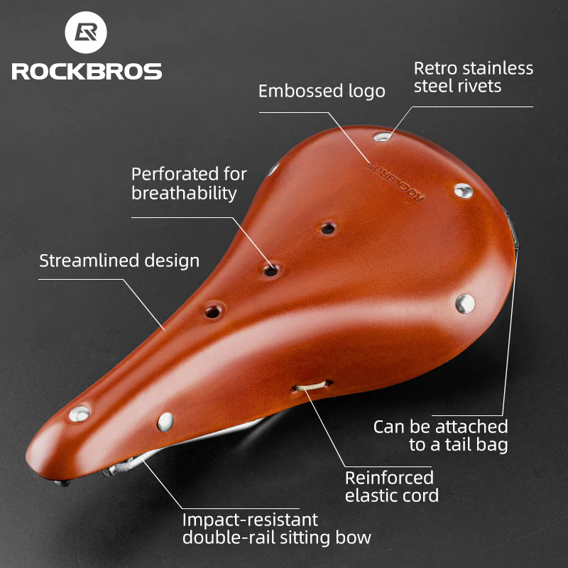 ROCKBROS Vintage Bicycle Saddle Retro Brown Cowhide Handmade Cycling Bike Seat - Image 10