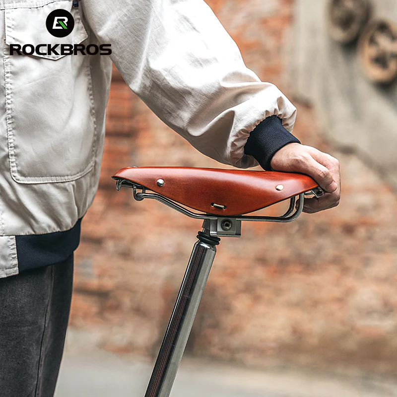 ROCKBROS Vintage Bicycle Saddle Retro Brown Cowhide Handmade Cycling Bike Seat - Image 5
